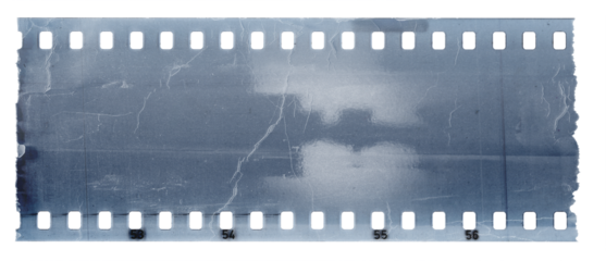 A single blue film strip with a white border and a light gray background. The film has visible grain, as if it's an old photograph or video clip. There is some wear on the edges of each frame side.