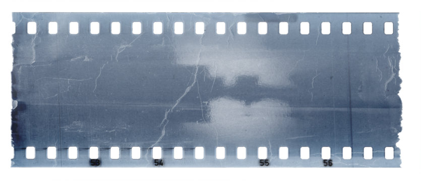 A single blue film strip with a white border and a light gray background. The film has visible grain, as if it's an old photograph or video clip. There is some wear on the edges of each frame side.