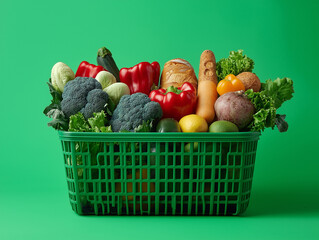 A green basket filled with fresh vegetables and bread