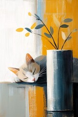 kitty cat kitten sleeping next vase plant visual cute happy sunny day inspiring princess staples space color blocks planters gnomon