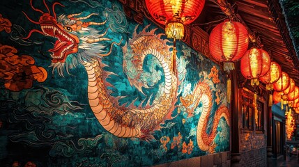 Obraz premium A beautiful dragon painting on a temple wall illuminated by red lanterns under the moonlight The intricate dragon artwork represents prosperity and luck for the new year A serene scene honoring 