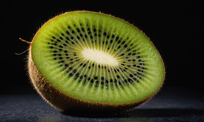 A half of a kiwi fruit sits on a black surface, showing its green flesh and tiny black seeds