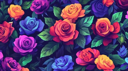 Fototapeta premium Colorful Floral Delight. Vibrant Summer Garden Wallpaper with Lilac Roses and Many-Colored Flowers