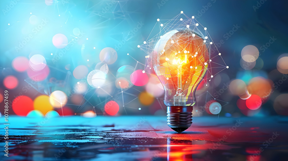Poster illuminated light bulb with network connections on a blue surface with bokeh lights in the backgroun