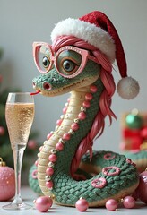 a stylized New Year’s ornament snake wearing pink cat-eye glasses, a 1950s pin-up style, gifts around, glass of champagne 