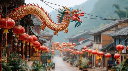 Obraz premium A decorated village street filled with dragon decorations and red lanterns for the Year of the Dragon The festive decorations create a cheerful and inviting atmosphere A vibrant celebration 