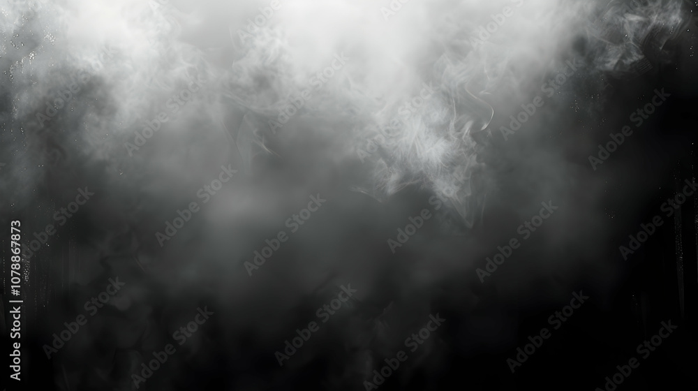 Poster abstract smoke effect with white swirls and black background, creating an ethereal and mysterious at