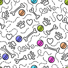 Dog Bone vector dog paw doodle Seamless pattern. Packaging paper design, pet food accessories package.