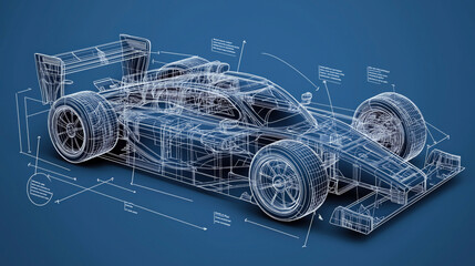 Technical blueprint of a race car showcasing detailed engineering design on a blue background with annotations and measurements.