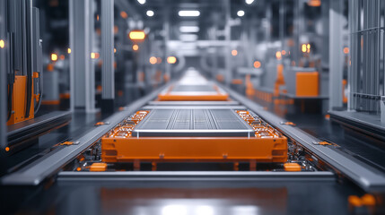 A high-tech manufacturing line featuring advanced battery modules with glowing red accents, symbolizing innovation in energy storage and modern technology.