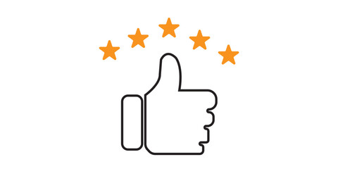 Customer review rating with 5 stars and thumb-up. Outline icon with editable stroke.
