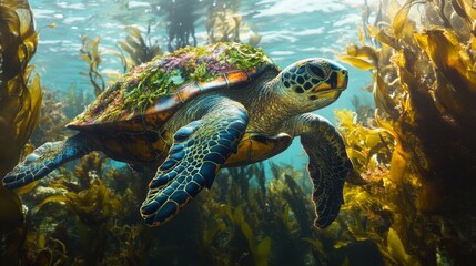 Obraz premium Sea Turtle Swimming Through Kelp Forest - Underwater Photography
