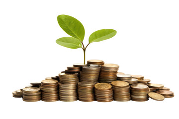 A young seedling emerging from a pile of shiny coins representing financial growth isolated on white background