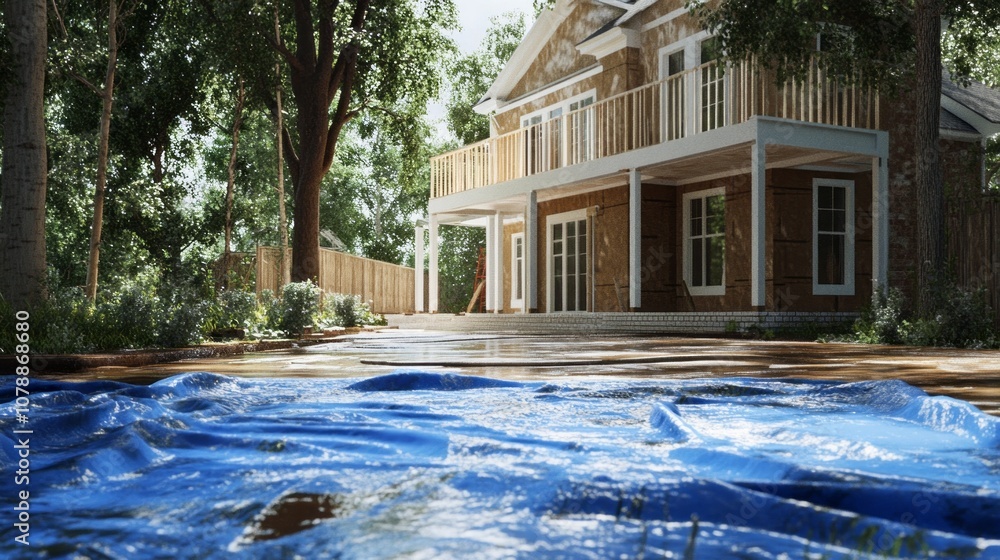 Poster A house with a pool and a tree in the background
