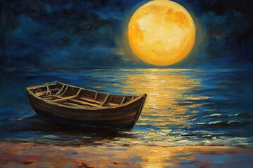 Sky sunset and boat on the water. Modern impressionism.Original oil painting on canvas.
