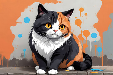 Cat drawn in graffiti style. Colored stylized drawing of a kitten