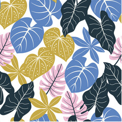 Abstract seamless tropical pattern with colorful plants and leaves on a delicate background. Seamless botanical pattern with plants. Summer colorful hawaiian seamless pattern with tropical plants.