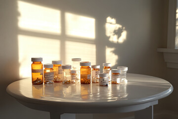 Prescription pill bottles background, pharmaceuticals backdrop, capsules antibiotics painkillers illustration backgrounds