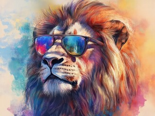 A lion wearing sunglasses with a watercolor background.