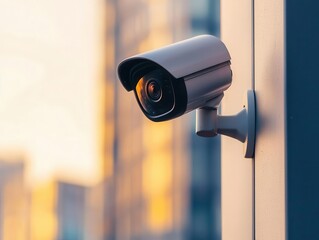 Hightech office building with motiondetecting cameras monitoring employees, footage streamed live in the security control center, warm evening light
