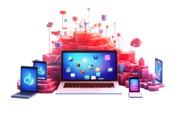 A soft pop illustration of interconnected devices like smartphones, tablets, Isolated on white background