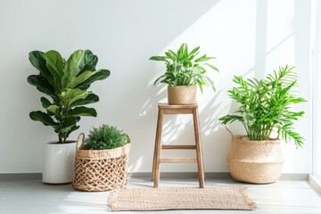 Fototapeta premium Minimalist White Room with Wooden Stool, Ladder, and Plants