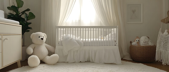 Peaceful Nursery Haven: A serene and stylish nursery features a white crib, plush teddy bear, and soft textiles, creating a calming atmosphere for a newborn. 