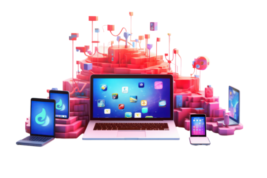 A soft pop illustration of interconnected devices like smartphones, tablets, Isolated on white background