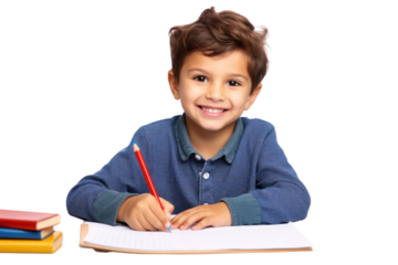 A smiling child working on a colorful homework assignment with a pencil, sitting at a clean desk, isolated on white background