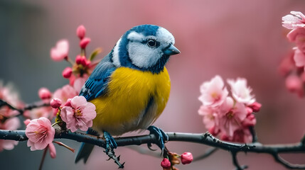 Fototapeta premium Canary sitting on branch of blossom cherry tree