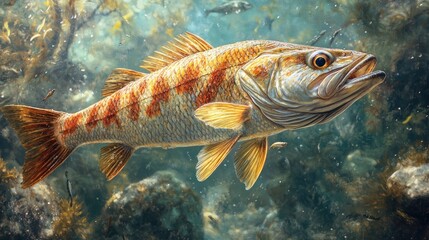 Obraz premium A detailed illustration of a fish swimming in an underwater habitat.