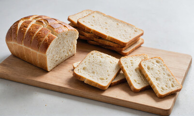 A loaf of bread is sliced on a wooden cutting board, with several slices arranged nearby