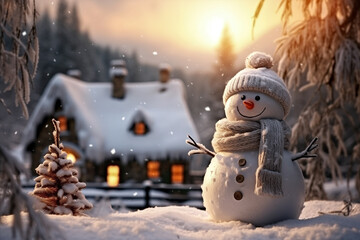 Obraz premium Snowman Outside Cozy Cabin in Snowy Village
