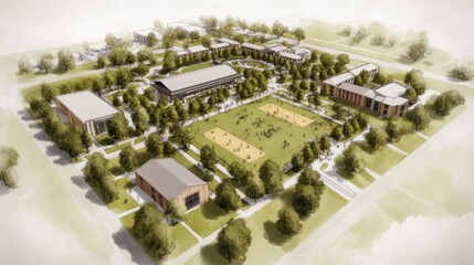 Aerial view of a campus design featuring green spaces, buildings, and outdoor areas for recreational activities.