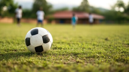 Obraz premium A close-up of a soccer ball on green grass, with players blurred in the background, capturing the essence of outdoor sports and playfulness.