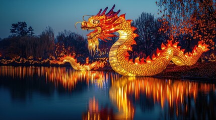 A mystical dragon-shaped lantern floating above a lake reflecting on the still water Celebrating the Year of the Dragon with a magical and serene ambiance A scene of hope and peace under the 