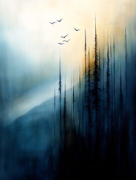 birds flying sun rises two mountains monochromatic oil shrouded thin strokes last mountain top unforgiven thick impasto technique