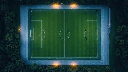 Aerial view of a well-maintained soccer field illuminated at night, surrounded by trees, showcasing goalposts and center circle.