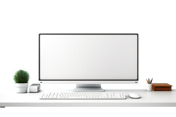 Fototapeta premium A professional desktop layout with a widescreen monitor, stylish keyboard, and digital drawing tablet isolated on white background