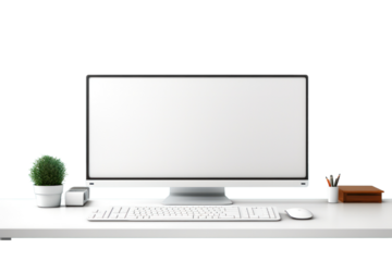 A professional desktop layout with a widescreen monitor, stylish keyboard, and digital drawing tablet isolated on white background