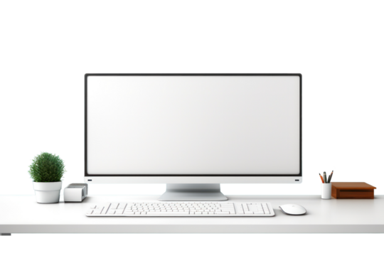 A professional desktop layout with a widescreen monitor, stylish keyboard, and digital drawing tablet isolated on white background