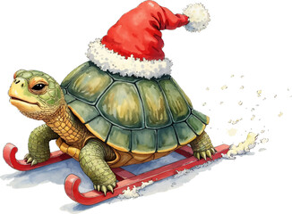 A turtle wearing a Santa hat gliding down a snowy hill on a sled during winter festivities. Watercolor kids Christmas illustration