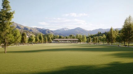 A serene landscape featuring lush green grass, scattered trees, and distant mountains under a clear blue sky.