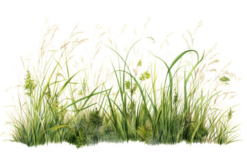 A patch of tall, untamed grass with delicate seed heads and vibrant green stems, isolated on a white background.