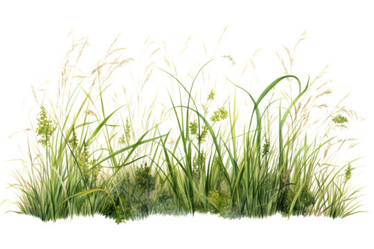 A patch of tall, untamed grass with delicate seed heads and vibrant green stems, isolated on a white background.
