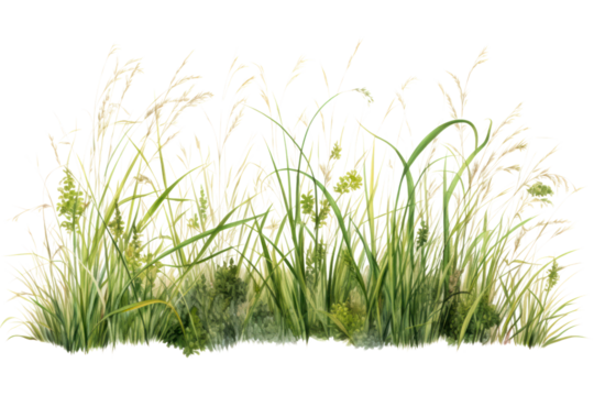 A patch of tall, untamed grass with delicate seed heads and vibrant green stems, isolated on a white background. - Powered by Adobe