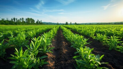 Fototapeta premium Green plantation. A bed with green sprouts of the plant in close-up