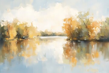 Autumn morning on the river. Oil painting.
