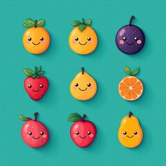 A colorful grid of cute, smiling cartoon fruits including oranges, lemons, strawberries, and more, set against a vibrant blue-green background.