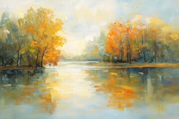 Autumn morning on the river. Oil painting.
